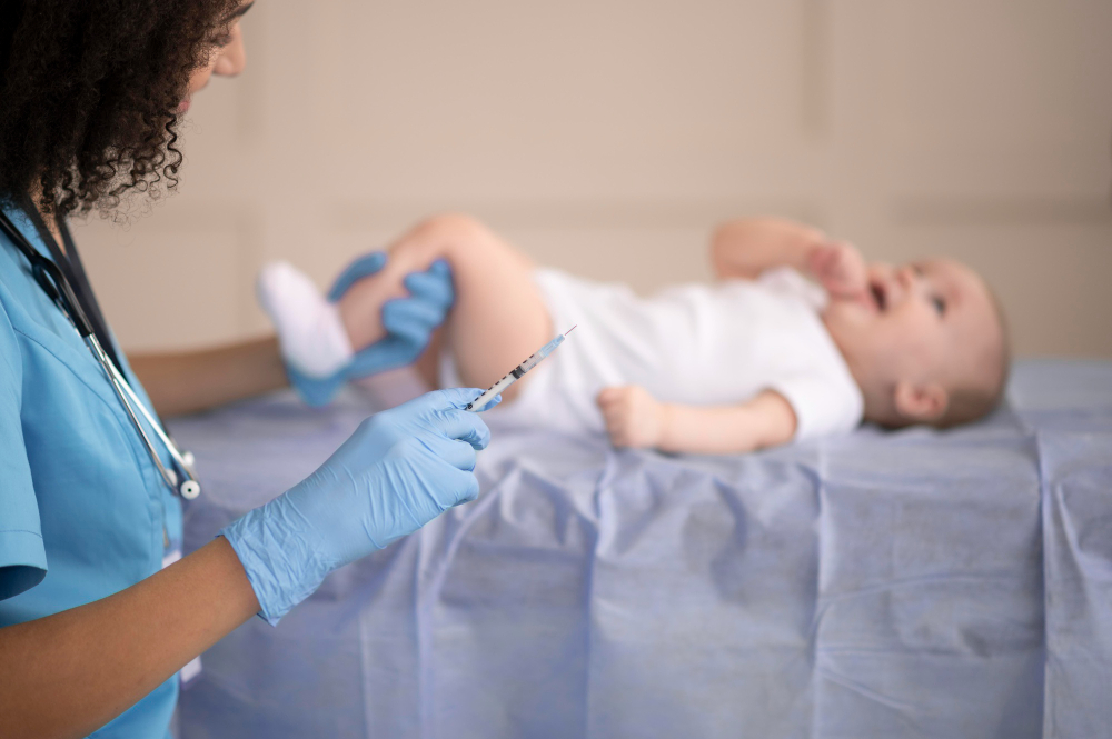 Healthcare professional administering a vaccine to an infant during a pediatric visit