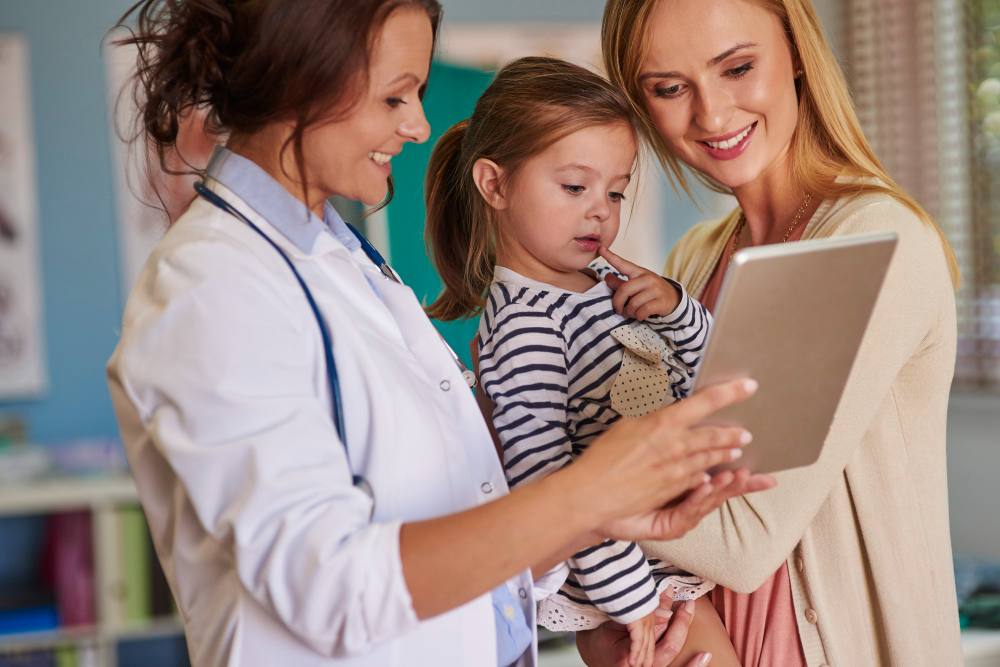 Healthcare doctor with mother and patient