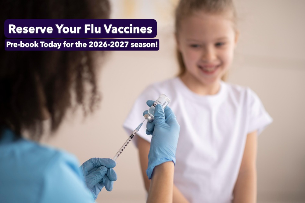 A healthcare provider prepares a flu vaccine syringe while a child sits nearby, with text promoting pre‑booking flu vaccines for the 2026–2027 season.